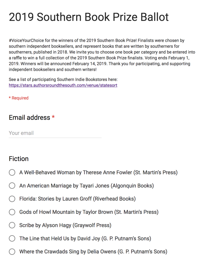 Southern Book Prize Ballot