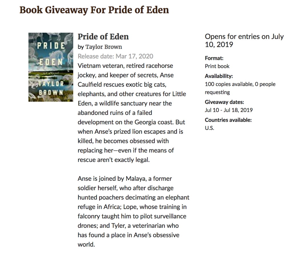 Pride of Eden Book Giveaway
